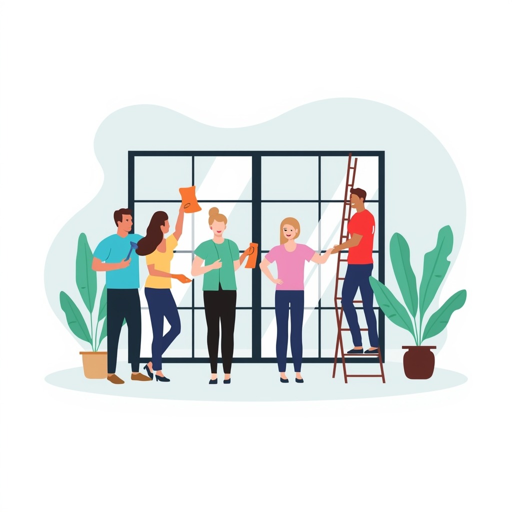 lucid-origin_create_4_people_cleaning_window_home_restaurant_gym_hotel_image-0